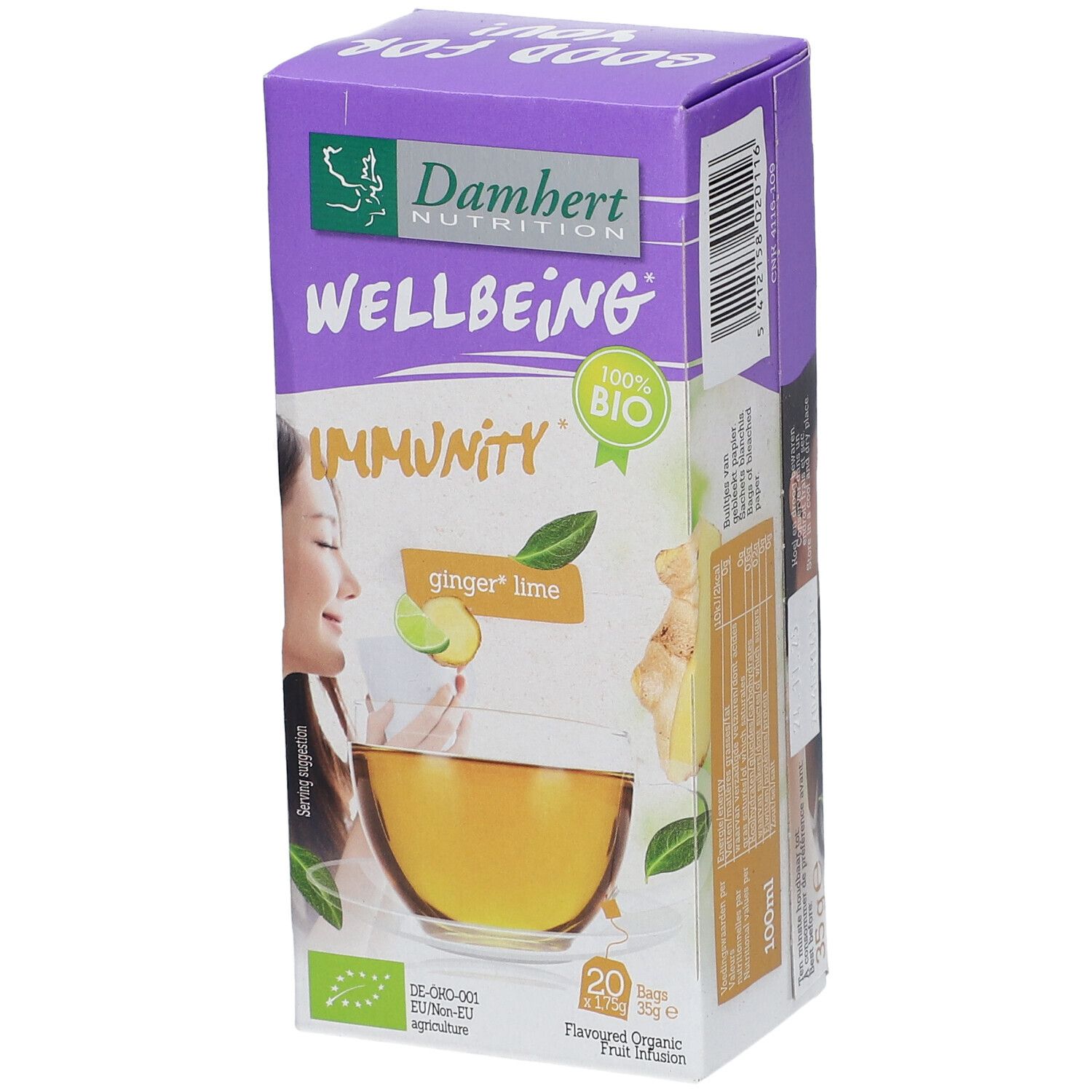 Verpakking van Damhert Wellbeing Thee Gember Limoen BIO. Paarse doos met logo, tekst en afbeelding van een kopje thee.