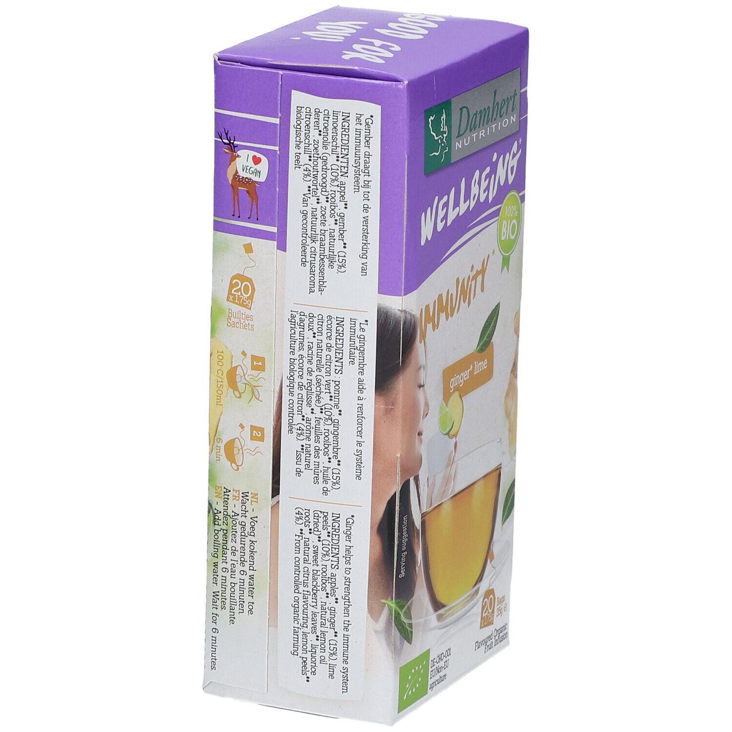 Zijaanzicht van de verpakking van Damhert Wellbeing thee. Bevat tekst, barcode en informatie over de inhoud.
