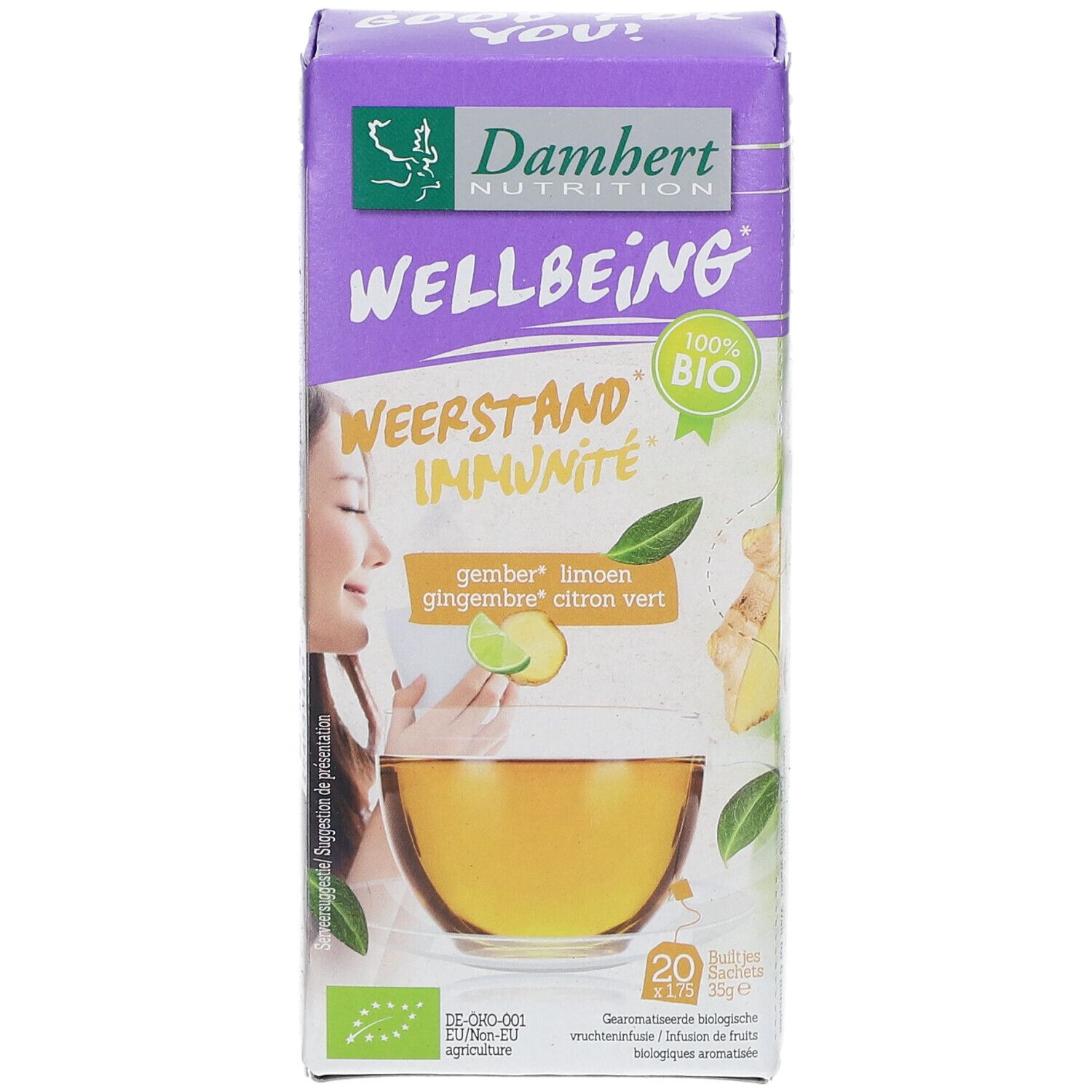 Verpakking van Damhert Wellbeing Thee Gember Limoen BIO. Paarse doos met logo, tekst en afbeelding van een kopje thee.