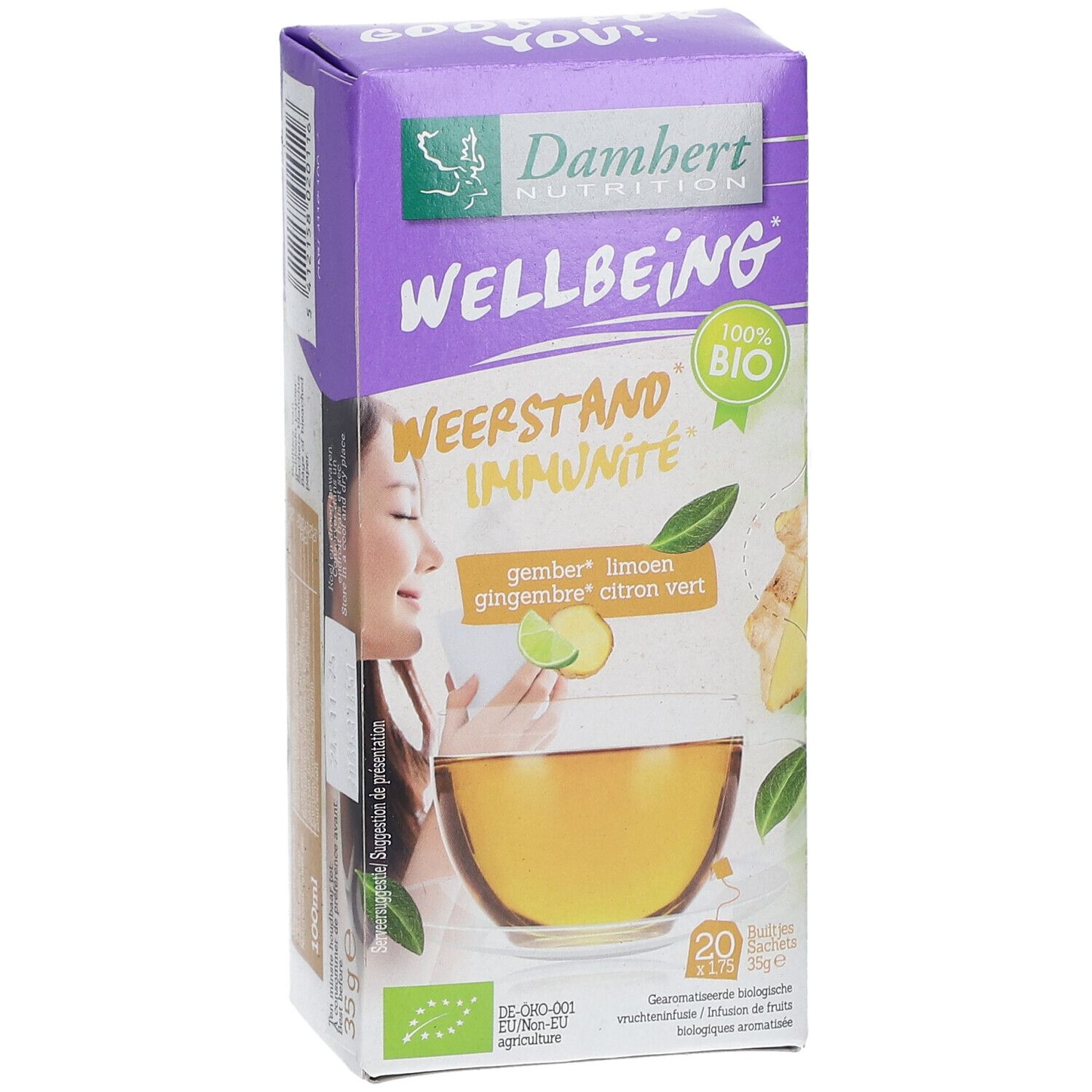 Verpakking van Damhert Wellbeing Thee Gember Limoen BIO. Paarse doos met logo, tekst en afbeelding van een kopje thee.