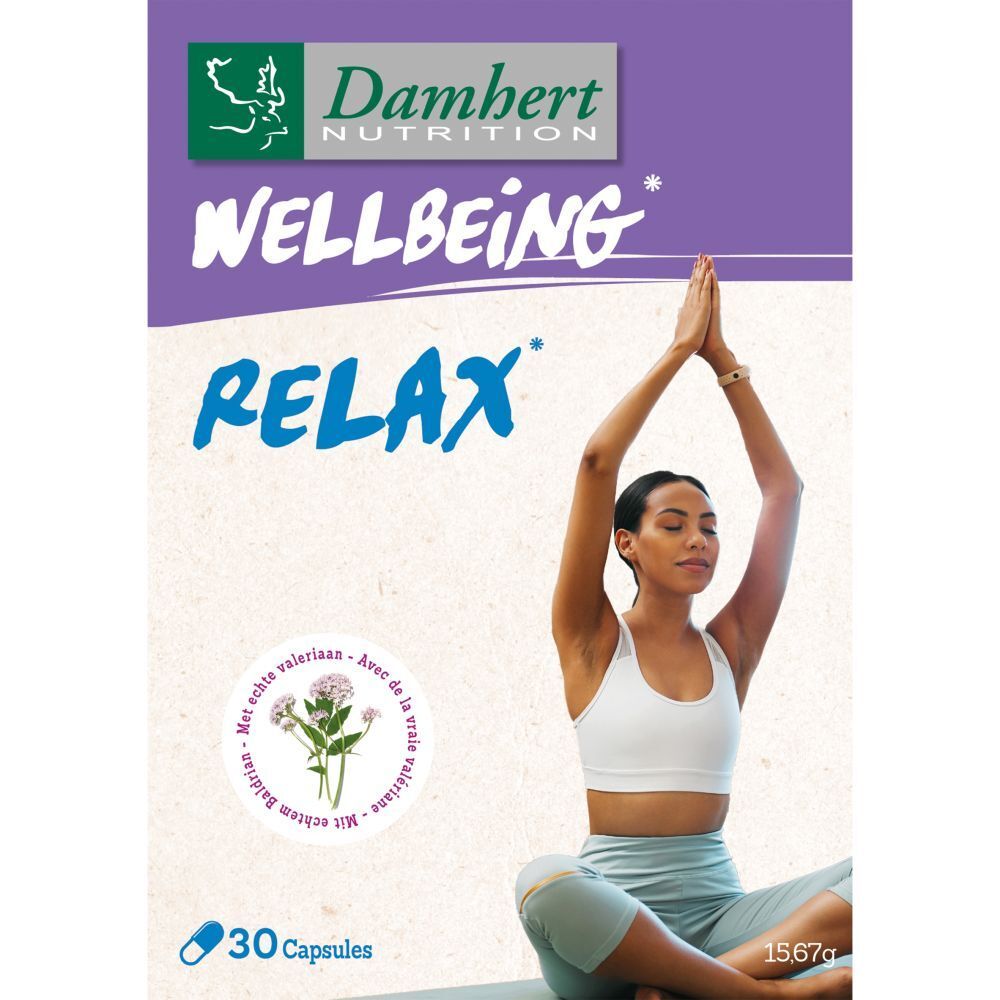 Verpakking Damhert Wellbeing Relax. Vrouw in yoga pose. 30 capsules. Paars en wit.