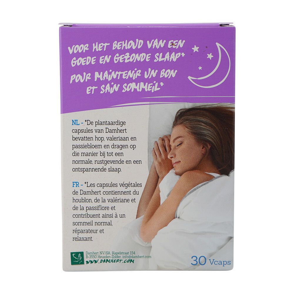 Verpakking met tekst in het Nederlands en Frans. Afbeelding van een slapende persoon.