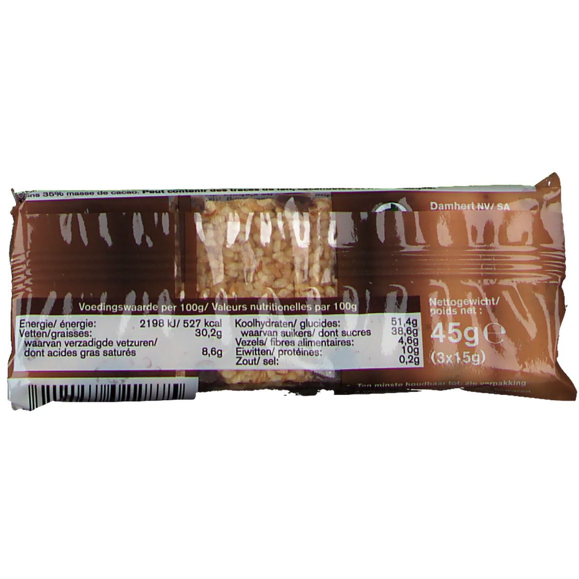 Rückseite der Verpackung. Nährwertangaben. Gewicht: 45g. Damhert KV/SA Logo. Text in Niederländisch und Französisch.