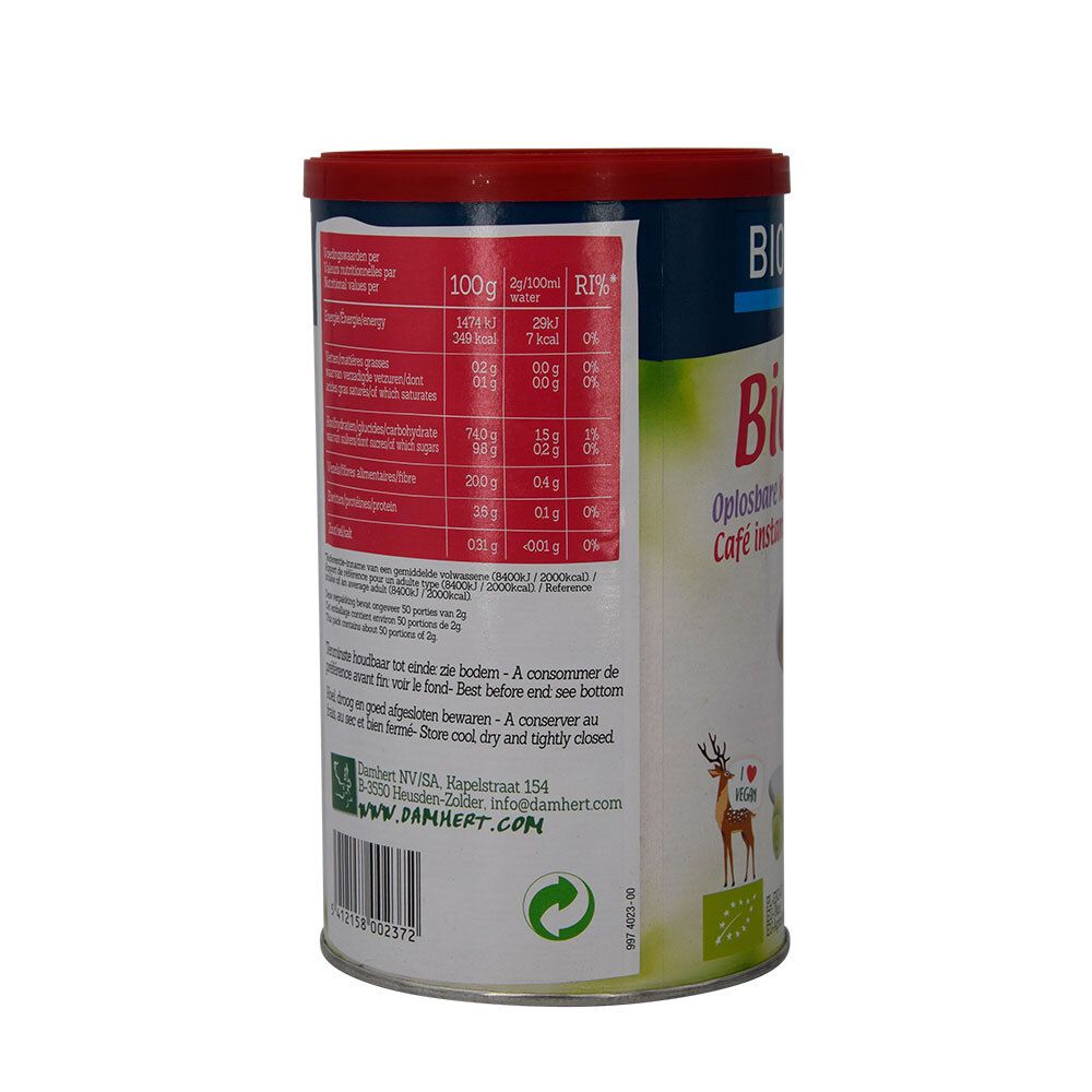 Rückseite der Dose BIOFOOD Bicof. Enthält Nährwertangaben. Text: Zu verbrauchen bis, trocken lagern.