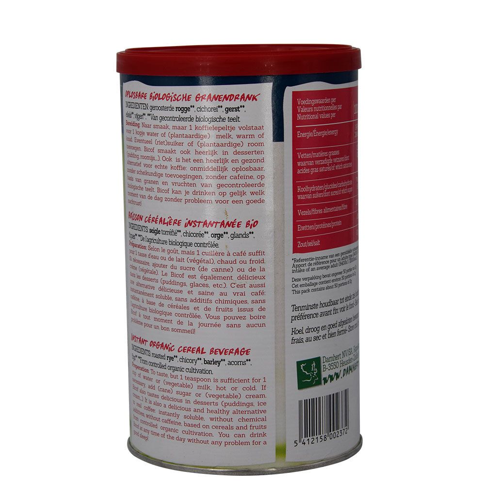 Rückseite der Dose BIOFOOD Bicof. Text: Zutaten, Zubereitung, Instant Getreidegetränk. Mit Bio-Siegel.