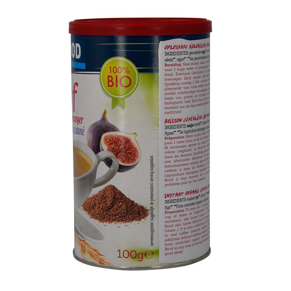 Dose BIOFOOD Bicof. Aufschrift: Oplosbare koffievervanger, Café instantané succédané. Mit Bio-Siegel. 100g.
