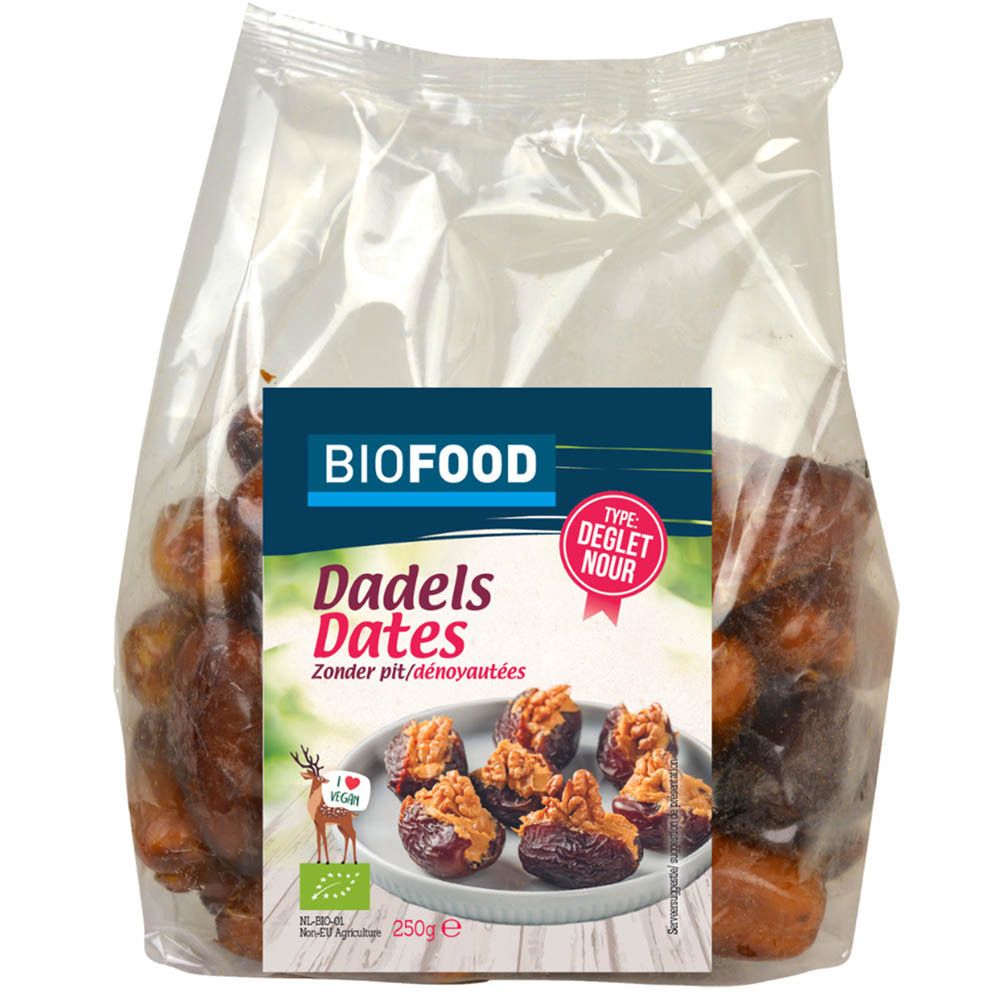 BIOFOOD Datteln entsteint BIO in transparenter Verpackung. Aufkleber mit Produktname, Logo und Abbildung von Datteln mit Nüssen.