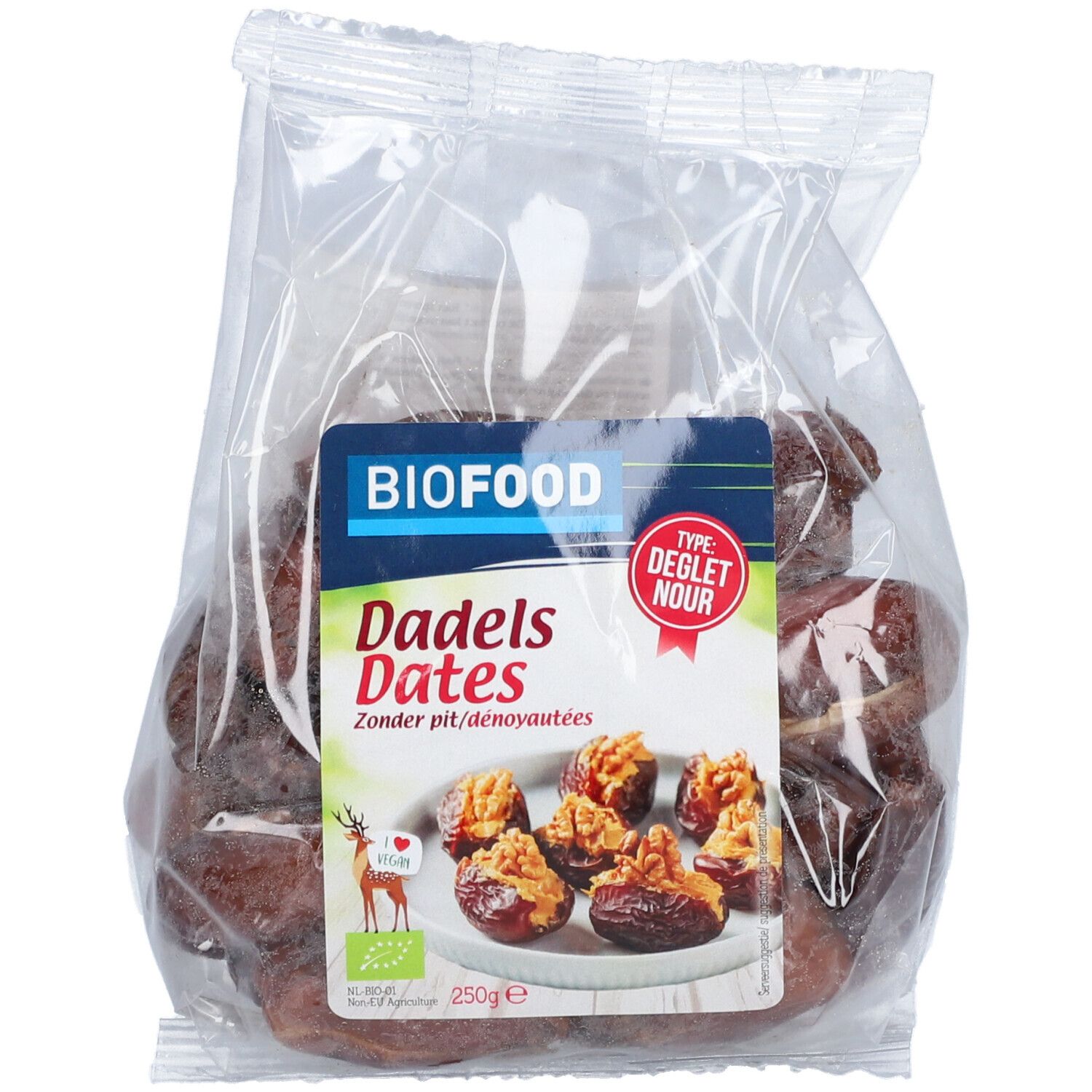 BIOFOOD Datteln entsteint BIO in transparenter Verpackung. Aufkleber mit Produktname, Logo und Abbildung von Datteln mit Nüssen.