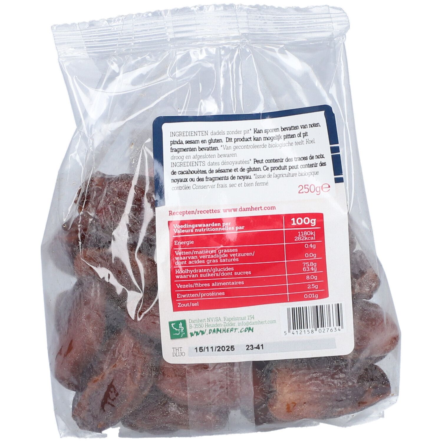 Rückseite der BIOFOOD Datteln entsteint BIO Verpackung. Zutatenliste, Nährwertangaben und Mindesthaltbarkeitsdatum sind sichtbar.