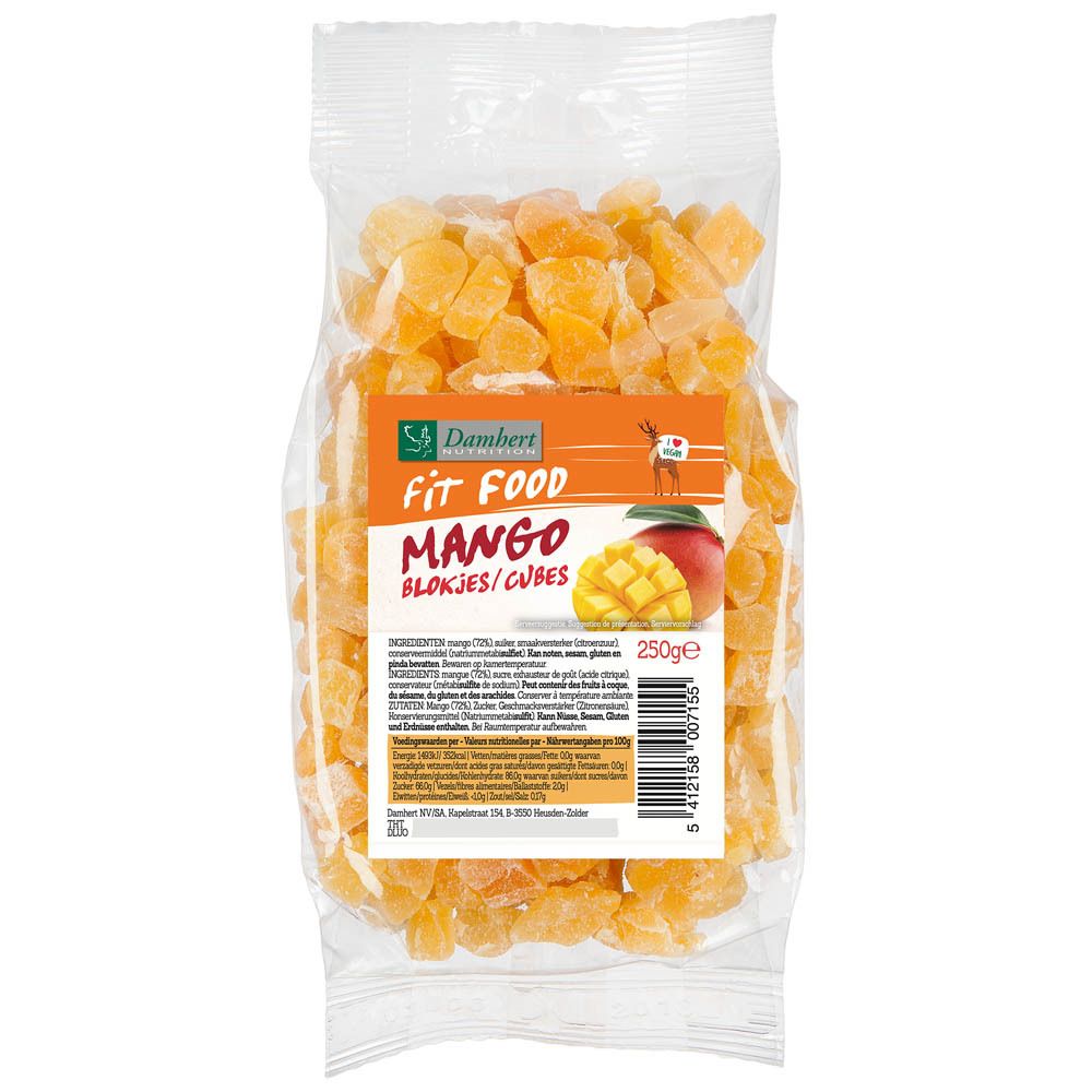 Gedroogde mangoblokjes in transparante verpakking. Etiket met productnaam, merk Damhert Fit Food en mango-afbeelding.