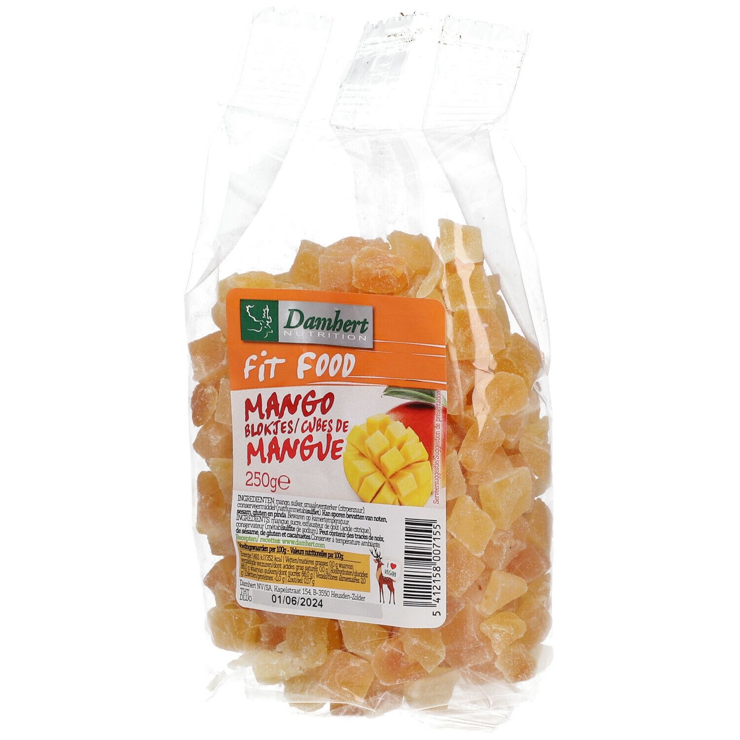 Gedroogde mangoblokjes in transparante verpakking. Etiket met productnaam, merk Damhert Fit Food en mango-afbeelding.