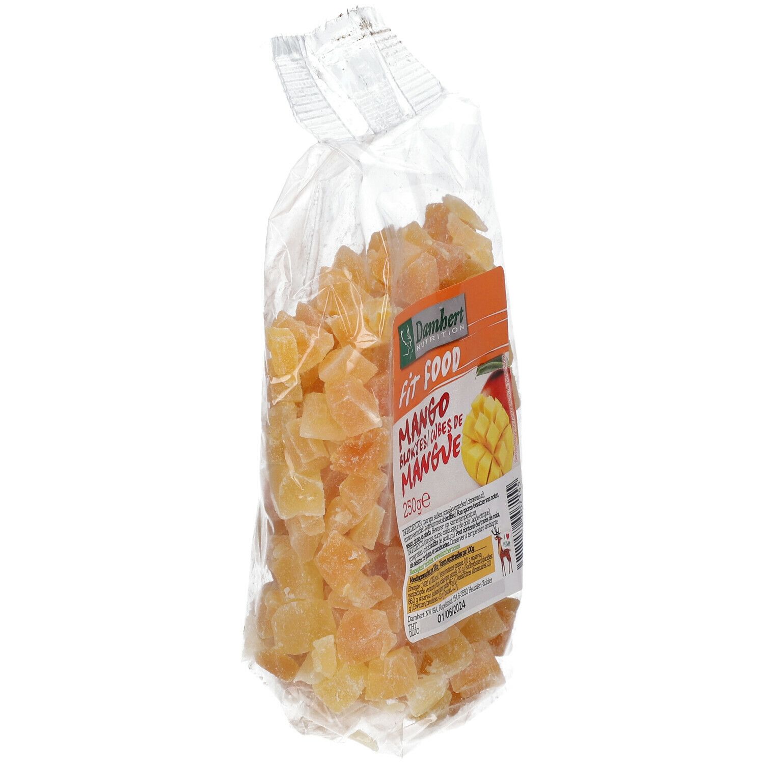 Gedroogde mangoblokjes in transparante verpakking. Etiket met productnaam, merk Damhert Fit Food en mango-afbeelding.