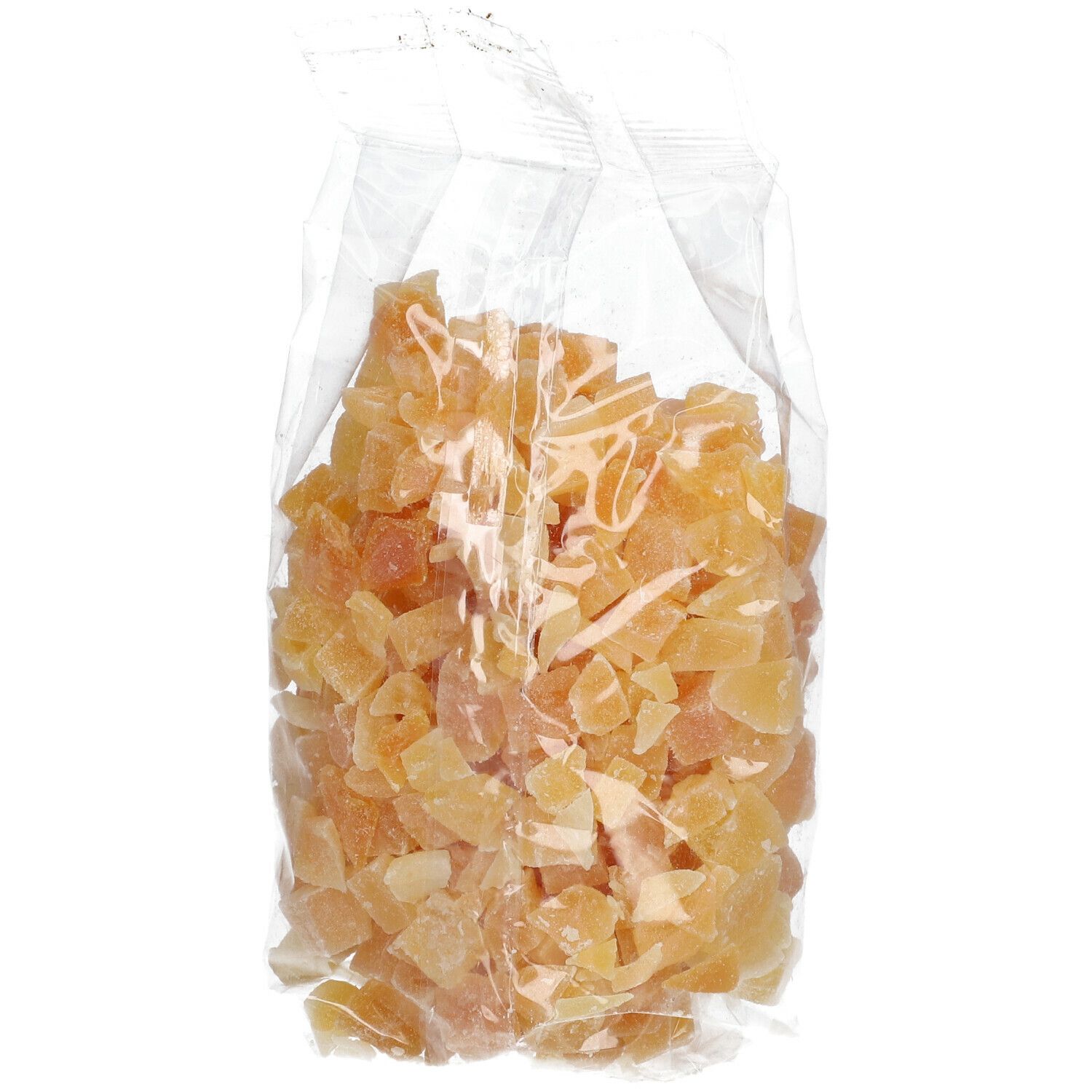 Gedroogde mangoblokjes in transparante verpakking. Product van voren afgebeeld.