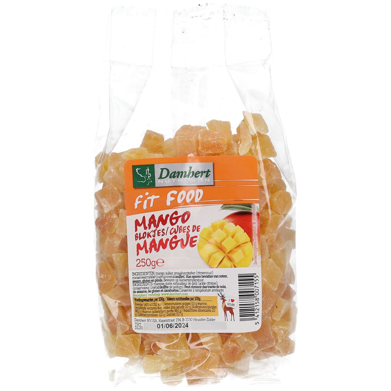 Gedroogde mangoblokjes in transparante verpakking. Etiket met productnaam, merk Damhert Fit Food en mango-afbeelding.