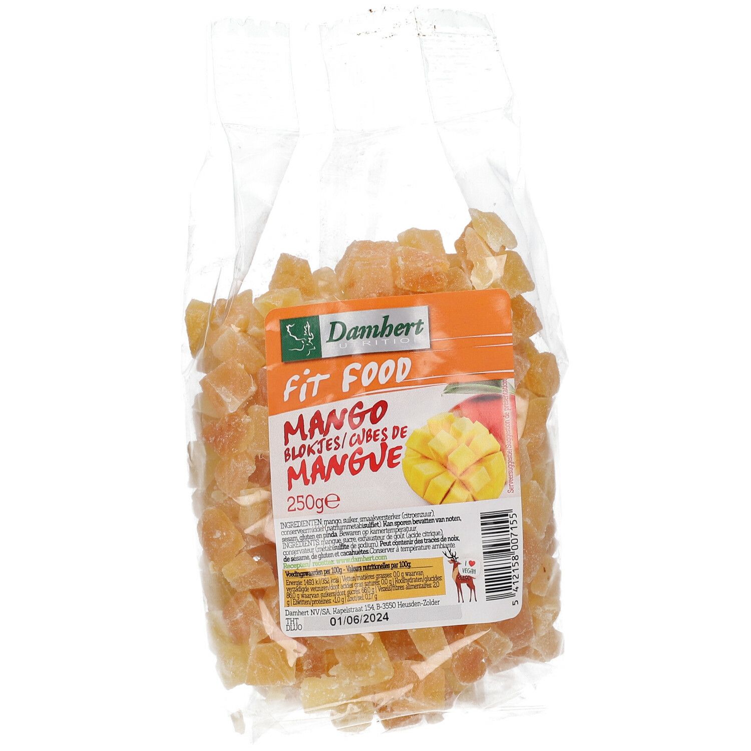 Gedroogde mangoblokjes in transparante verpakking. Etiket met productnaam, merk Damhert Fit Food en mango-afbeelding.