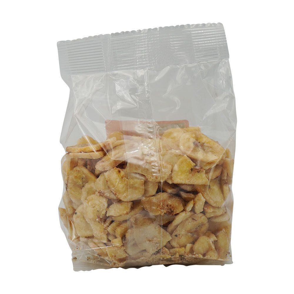 Transparente Tüte mit Bananenchips. Der Inhalt ist sichtbar.