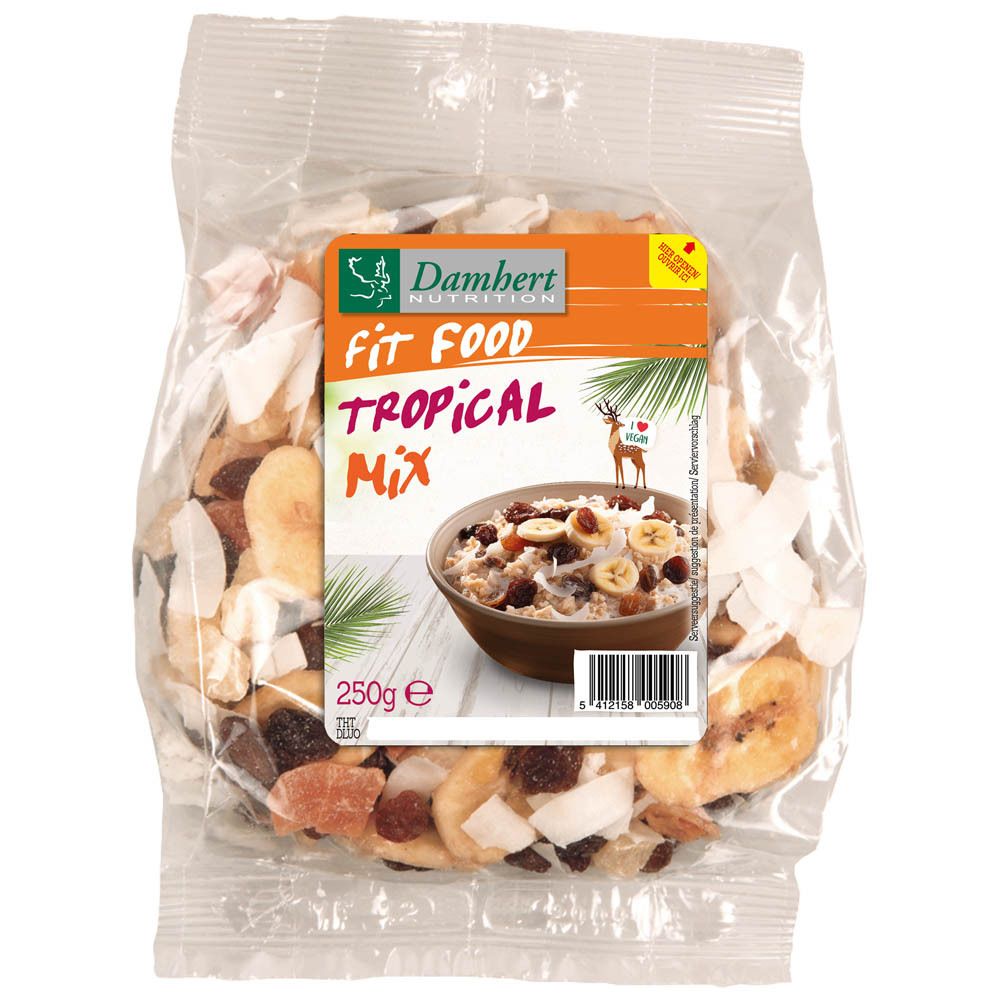 Transparante zak met Damhert Fit Food Tropical Mischung. Label met productnaam, logo en afbeelding. Gedroogd fruit en granen.