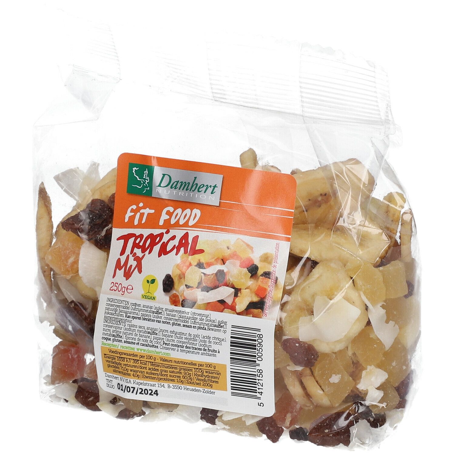 Transparante zak met Damhert Fit Food Tropical Mischung. Etiket met productnaam, logo en info. Gedroogd fruit zichtbaar.