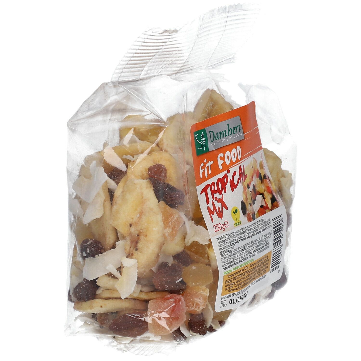 Transparante zak met Damhert Fit Food Tropical Mischung. Label met naam en logo. Inhoud: gedroogd fruit, kokosschilfers.