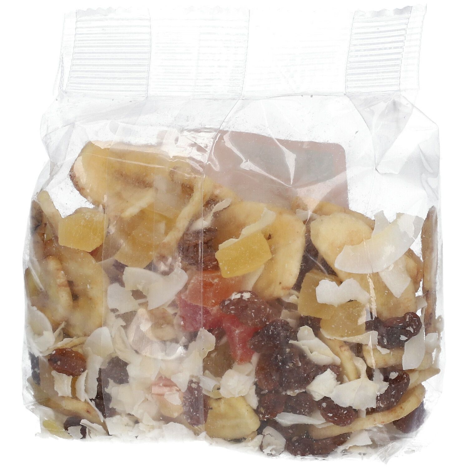 Transparante zak met Damhert Fit Food Tropical Mischung. Inhoud: gedroogd fruit, bananenchips, kokosschilfers. Vooraanzicht.