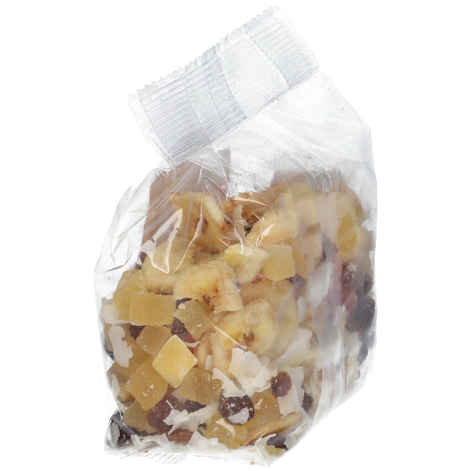 Transparante zak met Damhert Fit Food Tropical Mischung. Inhoud: gedroogd fruit. Schuin aanzicht. Verpakking licht geopend.
