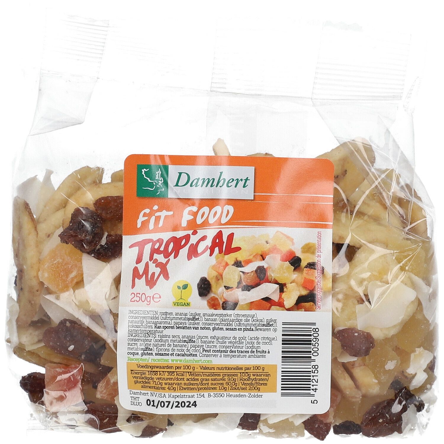 Transparante zak met Damhert Fit Food Tropical Mischung. Label met naam, logo en voedingswaarden. Gedroogd fruit zichtbaar.