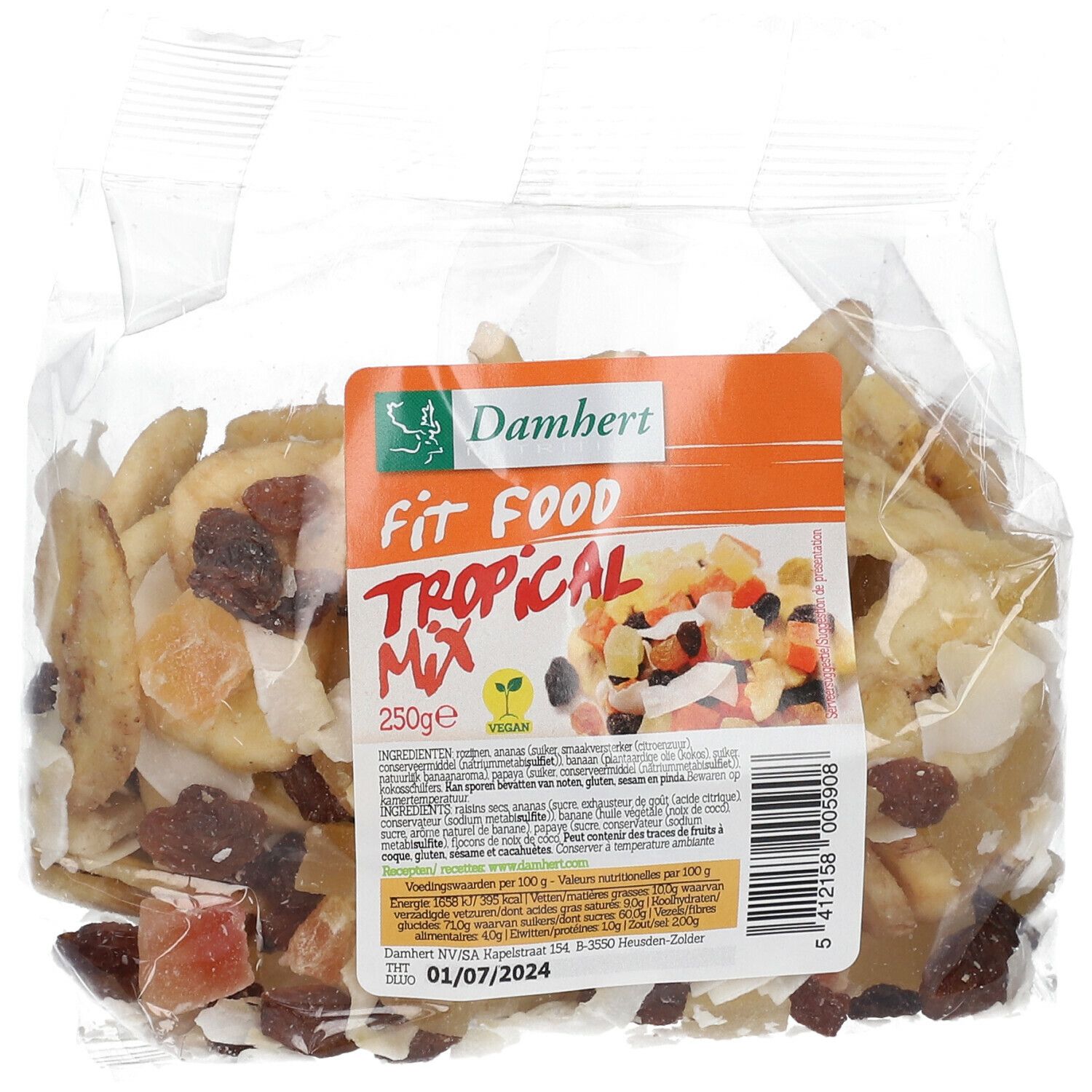 Transparante zak met Damhert Fit Food Tropical Mischung. Label met productnaam, logo en voedingswaarden. Gedroogd fruit zichtbaar.