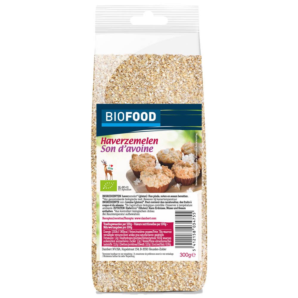Son d'avoine BIOFOOD en emballage transparent. Impression avec nom du produit, logo et informations. Label bio.
