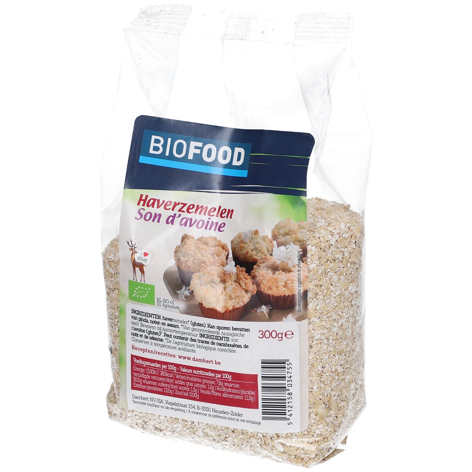 Son d'avoine BIOFOOD en emballage transparent. Impression avec nom du produit, logo et informations. Label bio.