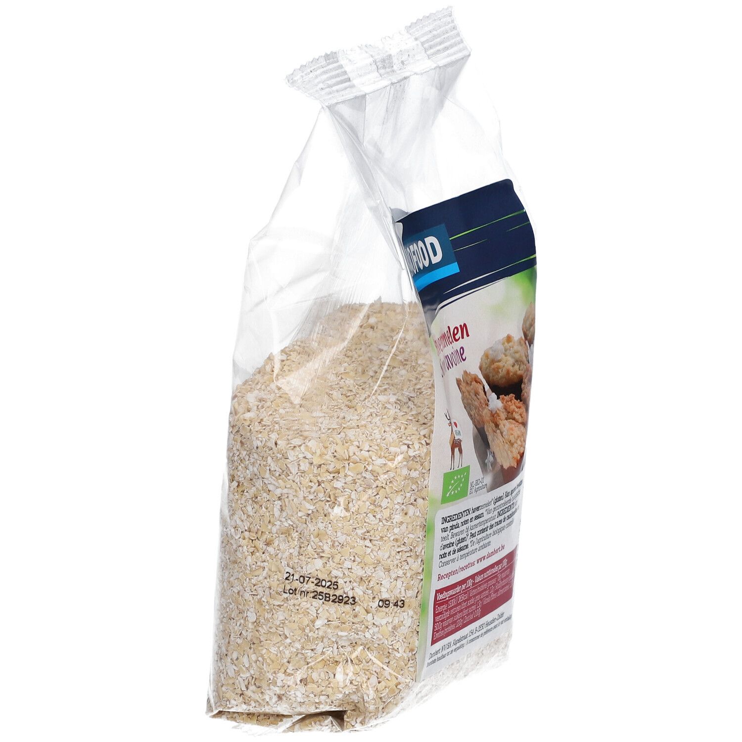 Son d'avoine BIOFOOD, vue latérale en emballage transparent. Date de péremption et numéro de lot visibles.