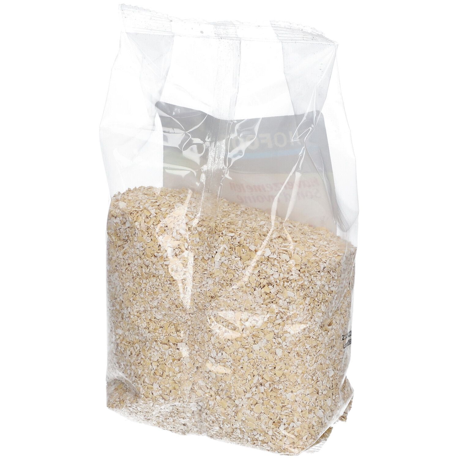 Son d'avoine BIOFOOD en emballage transparent, gros plan. Produit visible. L'emballage est transparent.
