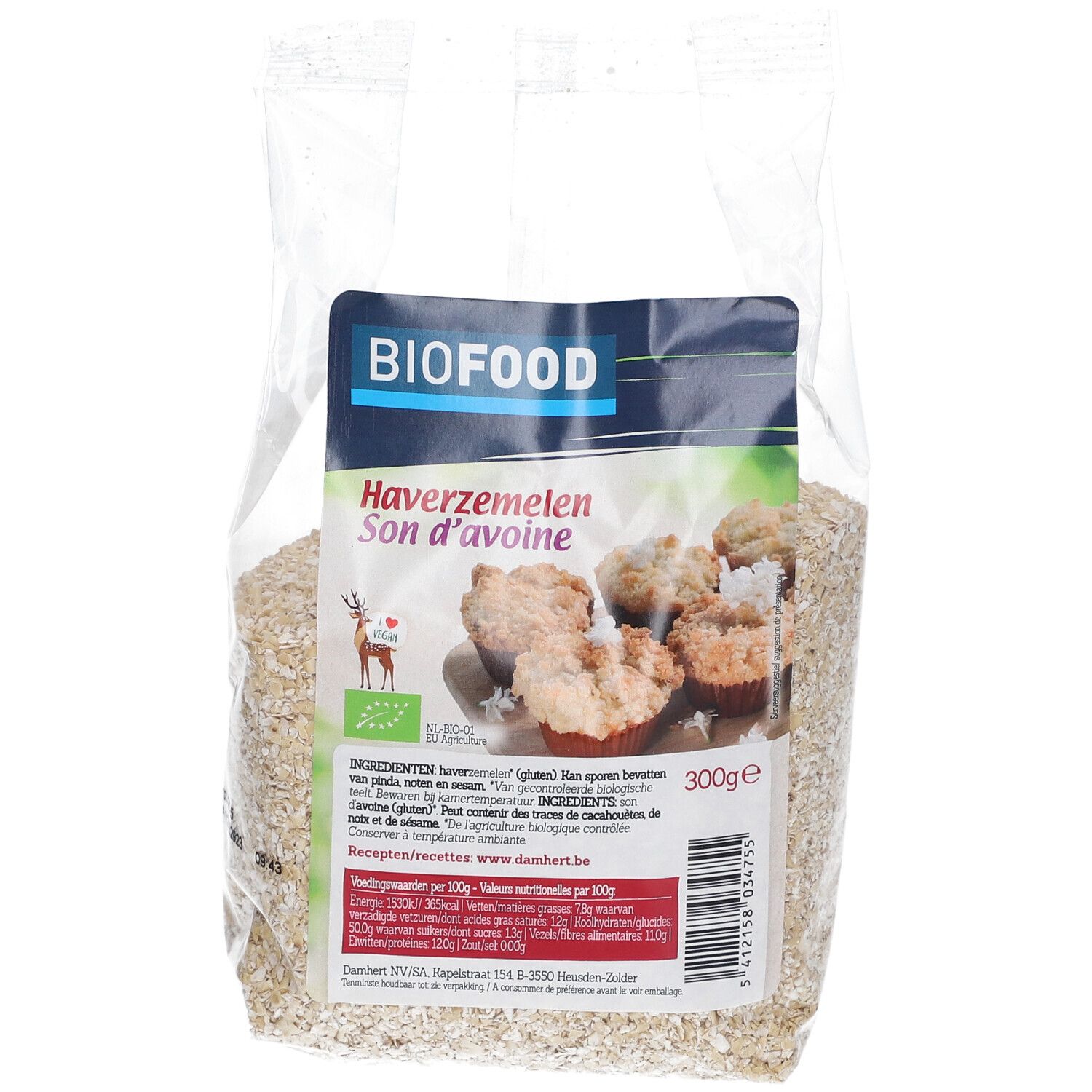 Son d'avoine BIOFOOD en emballage transparent. Impression avec nom du produit, logo et informations. Label bio.