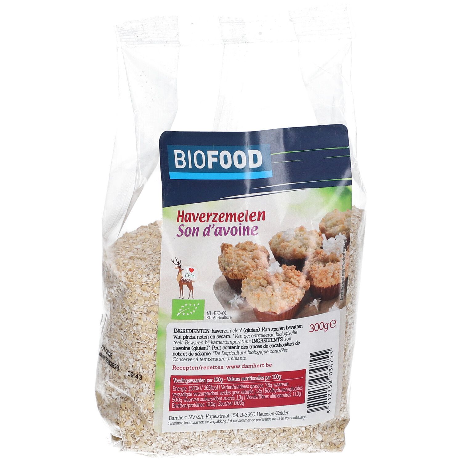 Son d'avoine BIOFOOD en emballage transparent. Impression avec nom du produit, logo et informations. Label bio.