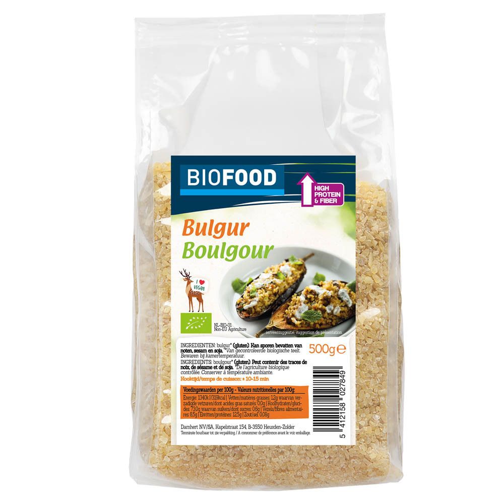 Transparante verpakking BIOFOOD Bulgur. Productnaam, logo, voedingswaarde en bio-keurmerk. 500g.