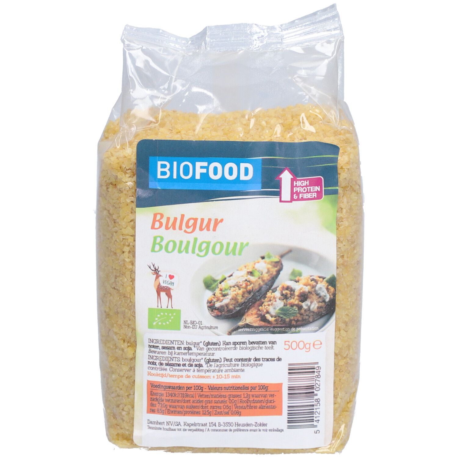 Transparante verpakking BIOFOOD Bulgur. Bedrukt met productnaam, logo, voedingswaarde en bio-keurmerk. 500g.