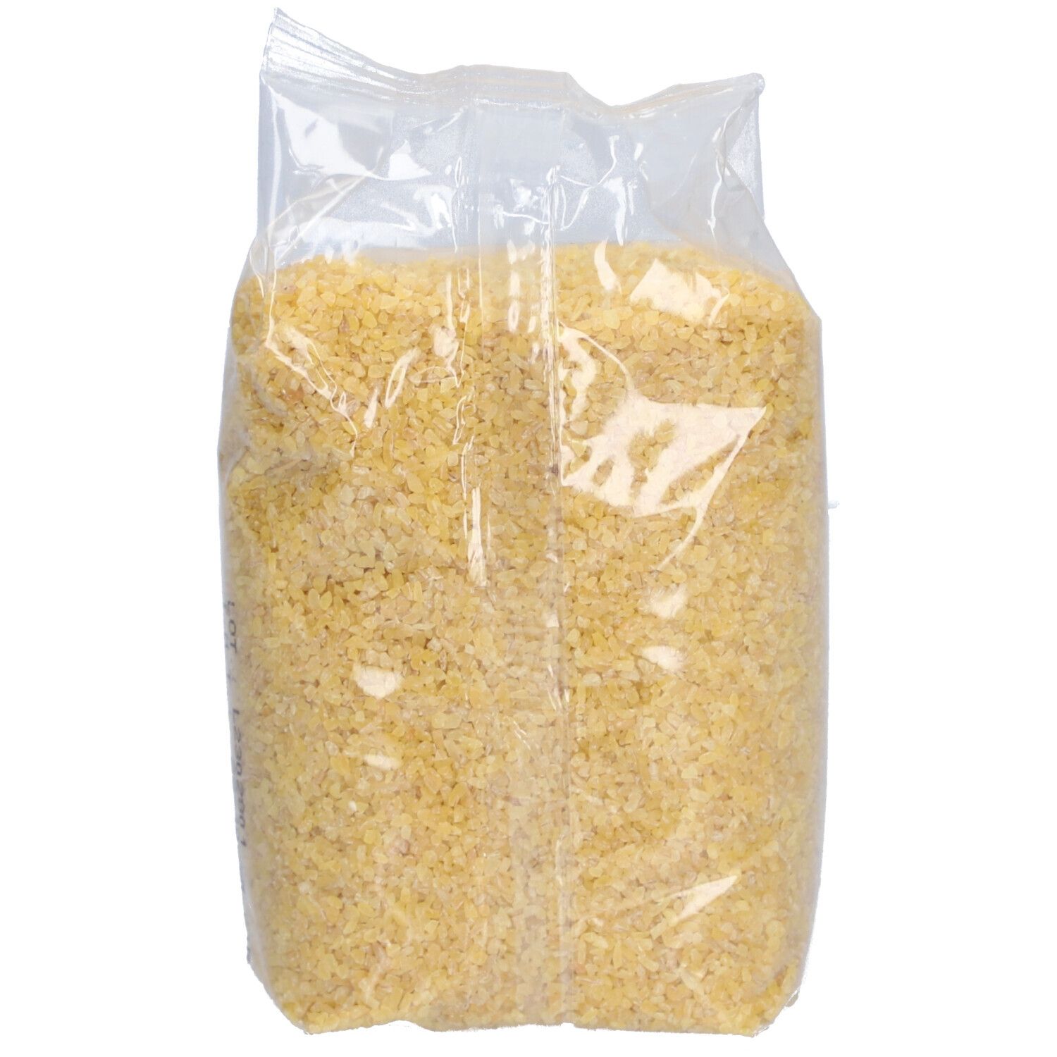 Transparante verpakking met Bulgur. Product heeft een gelige kleur. Geen verdere details zichtbaar.