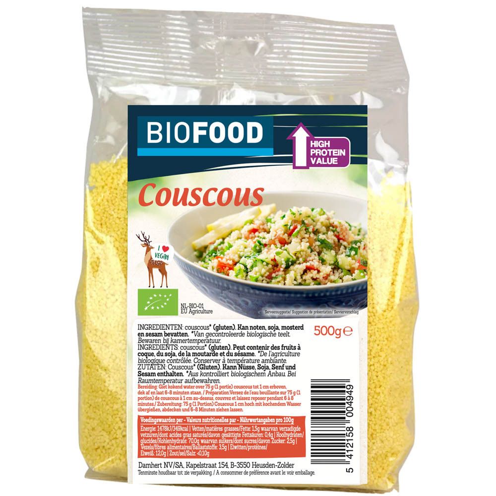 BIOFOOD Couscous bio in transparante verpakking. Opschrift: BIOFOOD, Couscous, 500g, bio-label. Bevat gluten. High Protein Value.