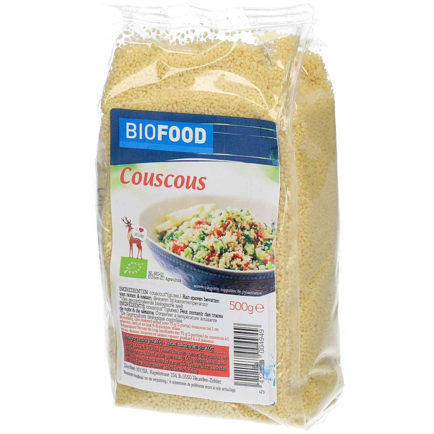 BIOFOOD Couscous bio in transparante verpakking. Opschrift: BIOFOOD, Couscous, 500g, bio-label. Inhoud: gele korrels.