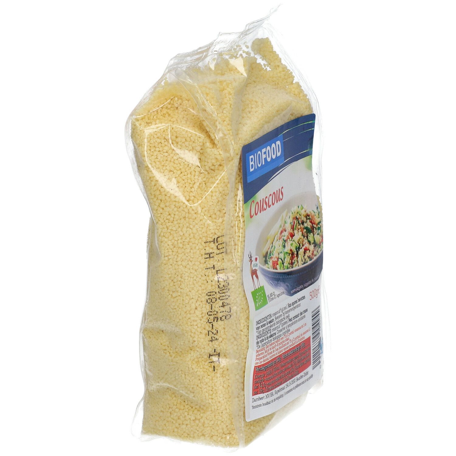 BIOFOOD Couscous bio in transparante verpakking, zijaanzicht. Opschrift: BIOFOOD, Couscous, bio-label. Inhoud: gele korrels.