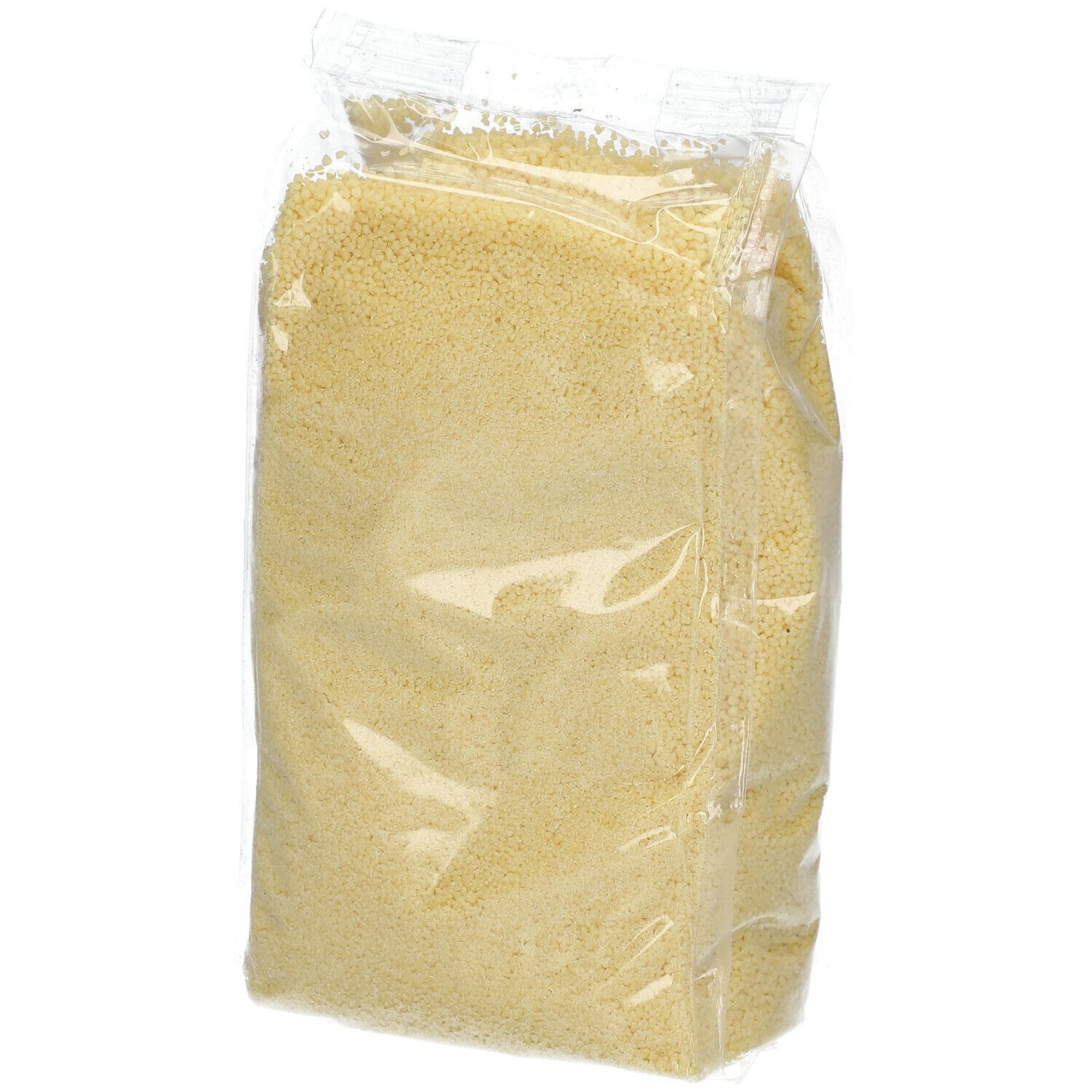 BIOFOOD Couscous bio in transparante verpakking. Inhoud: gele korrels. Verpakking licht schuin. Geen verdere details zichtbaar.