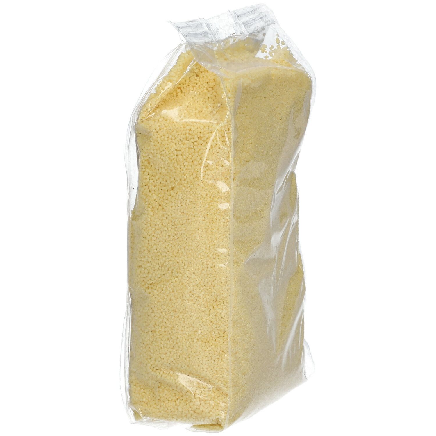 BIOFOOD Couscous bio in transparante verpakking, schuine weergave. Inhoud: gele korrels. Geen verdere details zichtbaar.