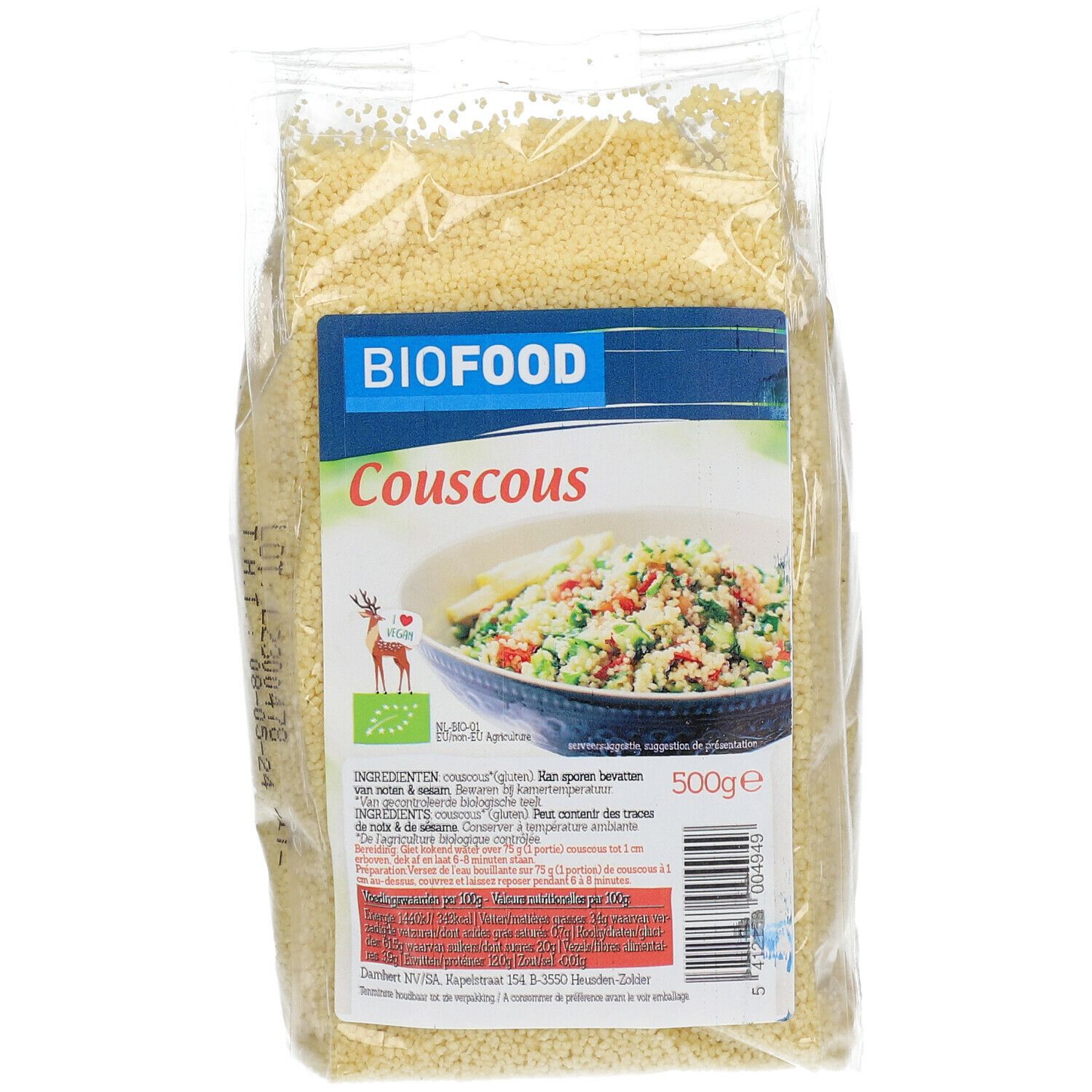 BIOFOOD Couscous bio in transparante verpakking. Opschrift: BIOFOOD, Couscous, 500g, bio-label. Inhoud: gele korrels. Tekst op achterkant.