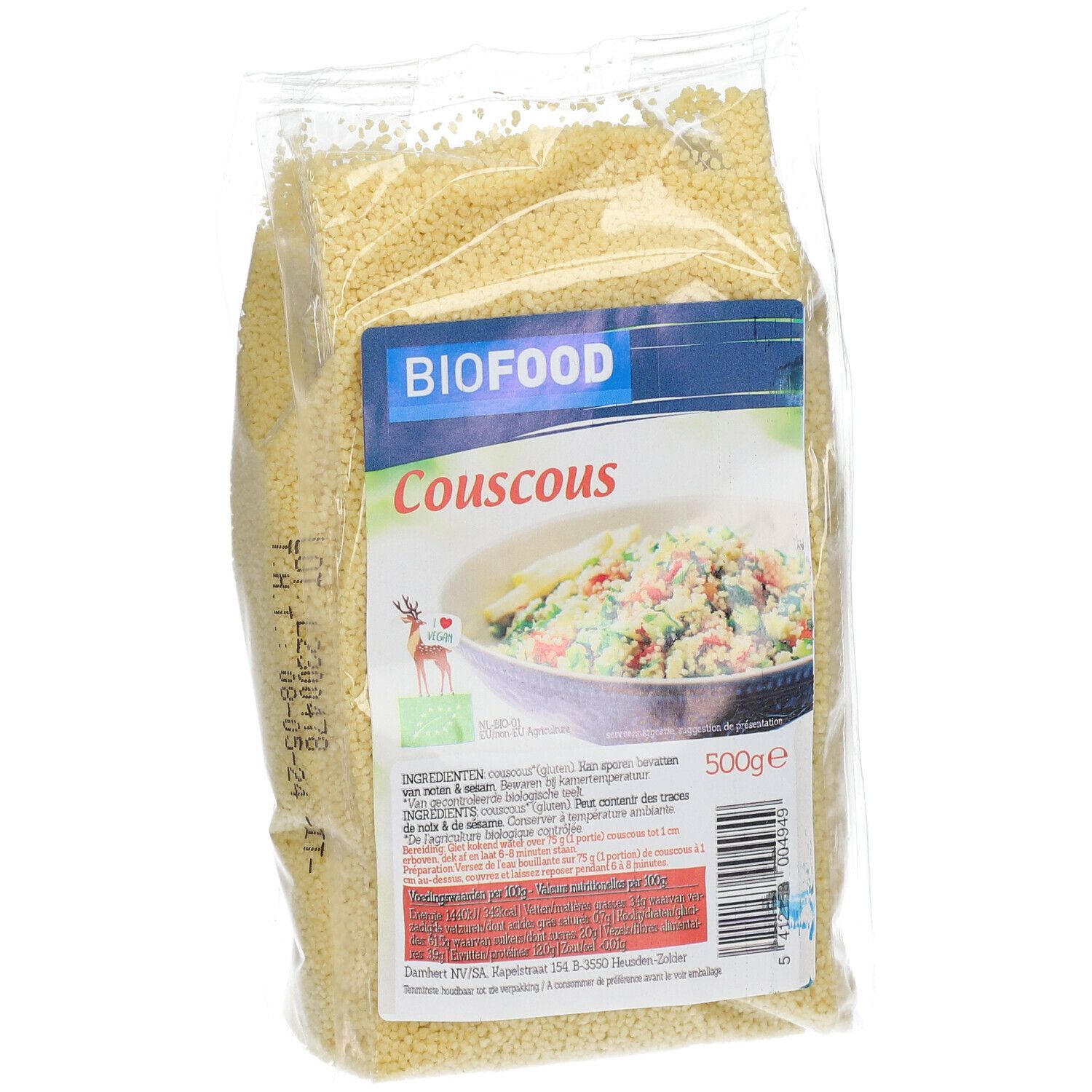 BIOFOOD Couscous bio in transparante verpakking. Opschrift: BIOFOOD, Couscous, 500g, bio-label. Inhoud: gele korrels. Tekst op achterkant.