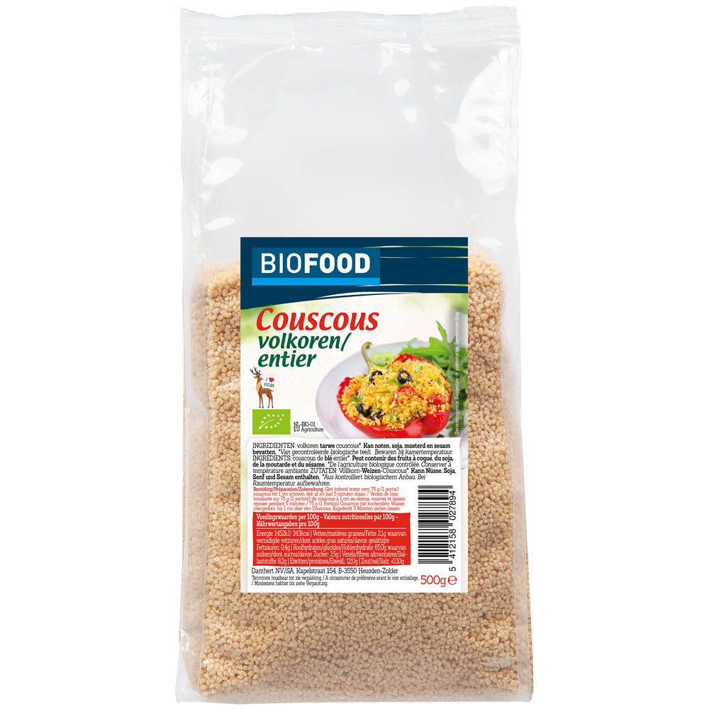 Verpakking couscous. BIOFOOD-label. 500g. Transparante verpakking met inhoud. Bedrukking met productafbeelding.