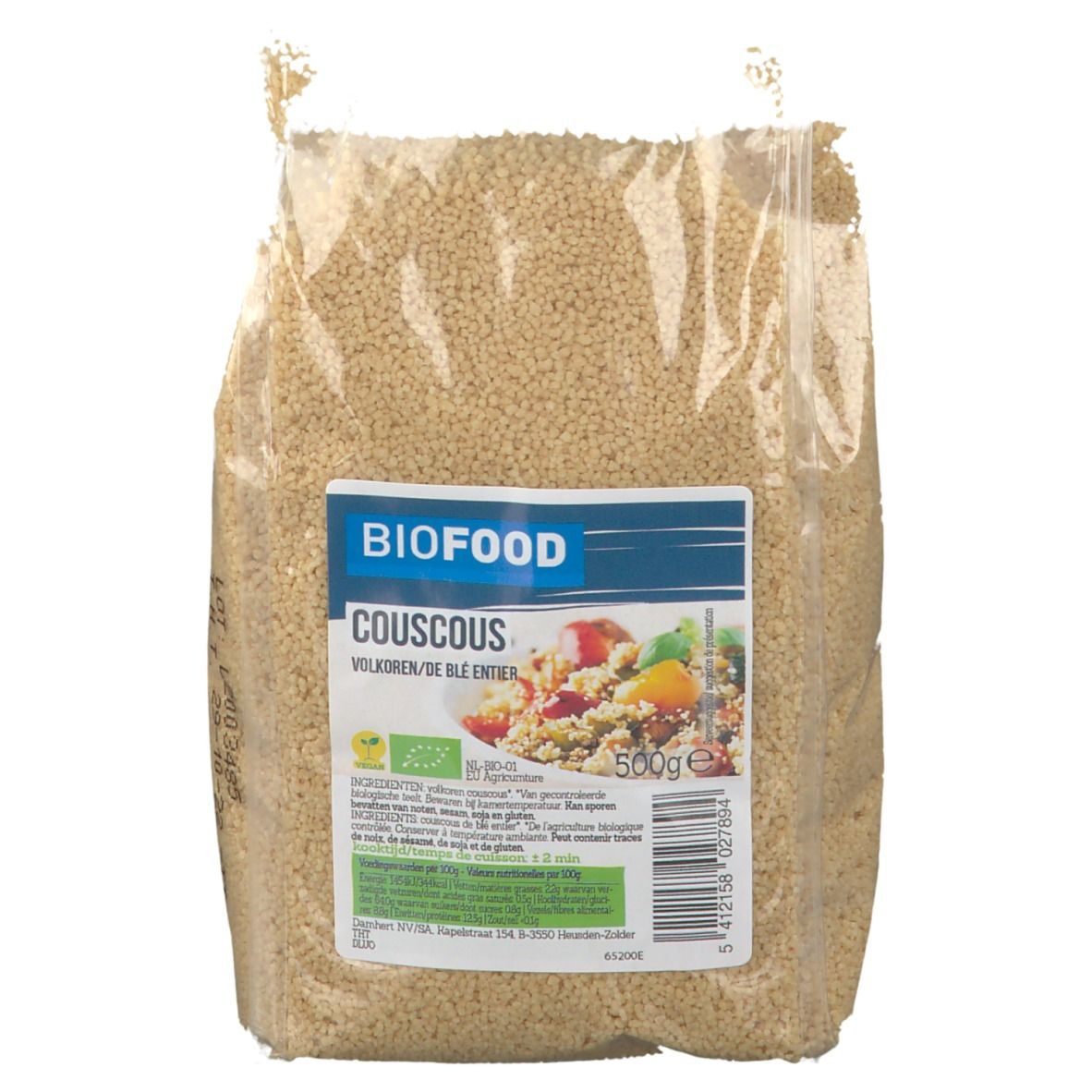 Verpakking couscous. BIOFOOD-label. 500g. Transparante verpakking met inhoud. Bedrukking met productafbeelding.