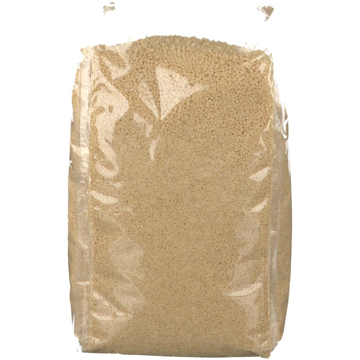 Transparante verpakking met couscous. Inhoud zichtbaar. Geen verdere details zichtbaar.