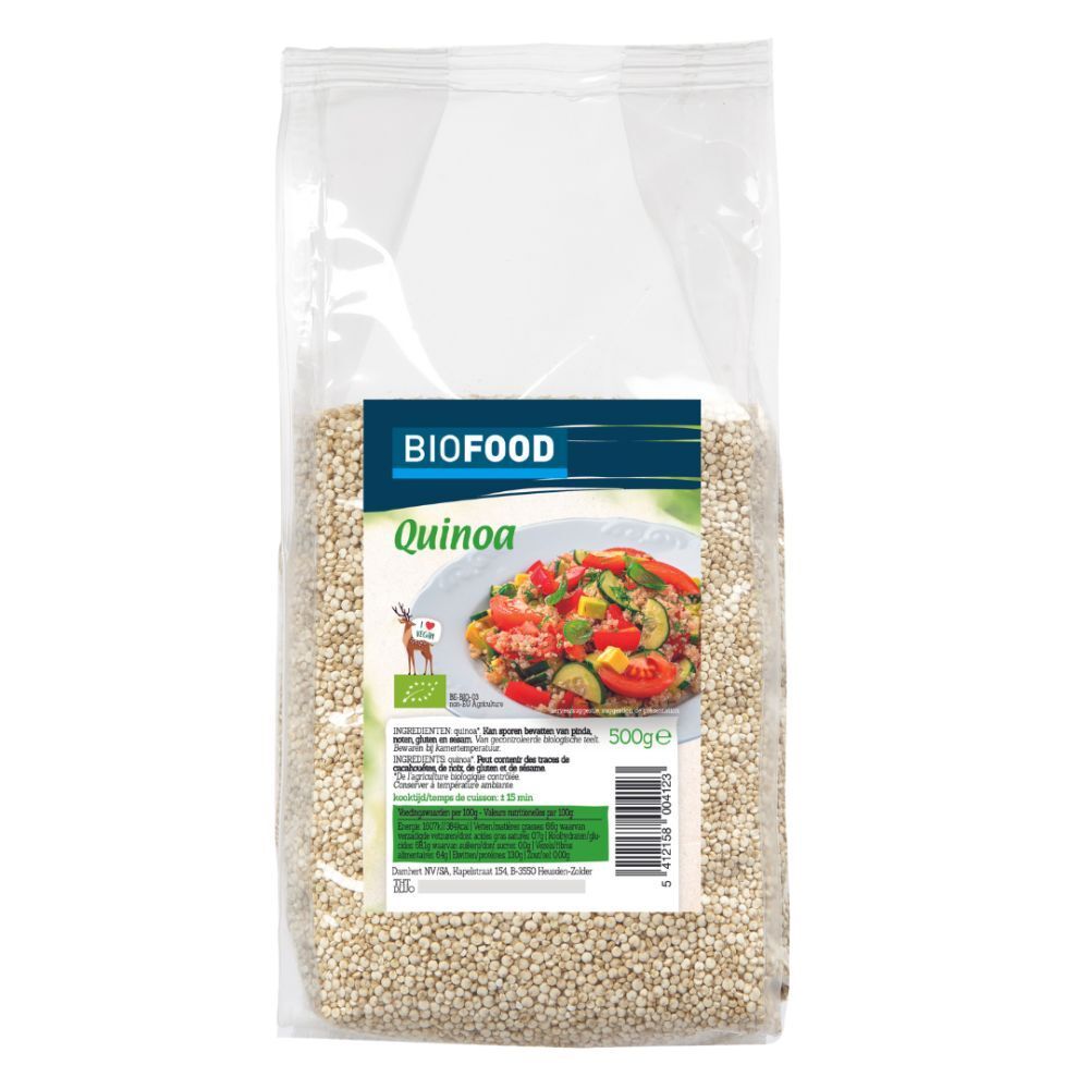 Transparante zak Biofood quinoa. Etiket met afbeelding, logo en tekst. 500g. EU-bio-keurmerk.