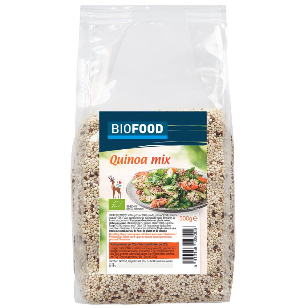 Biofood Quinoa-mix BIO in transparante verpakking. Bedrukking met productnaam, ingrediënten en logo. Inhoud: 500g.