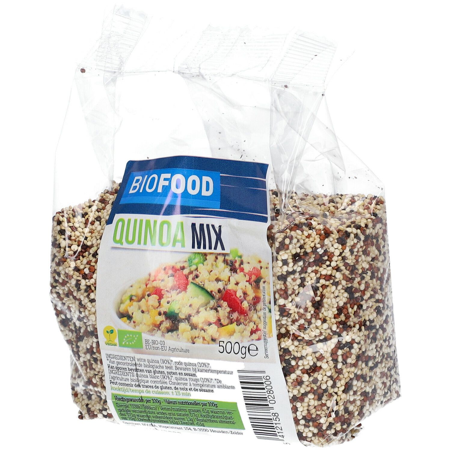 Biofood Quinoa-mix BIO in transparante verpakking. Bedrukking met productnaam, ingrediënten en logo. Inhoud: 500g.