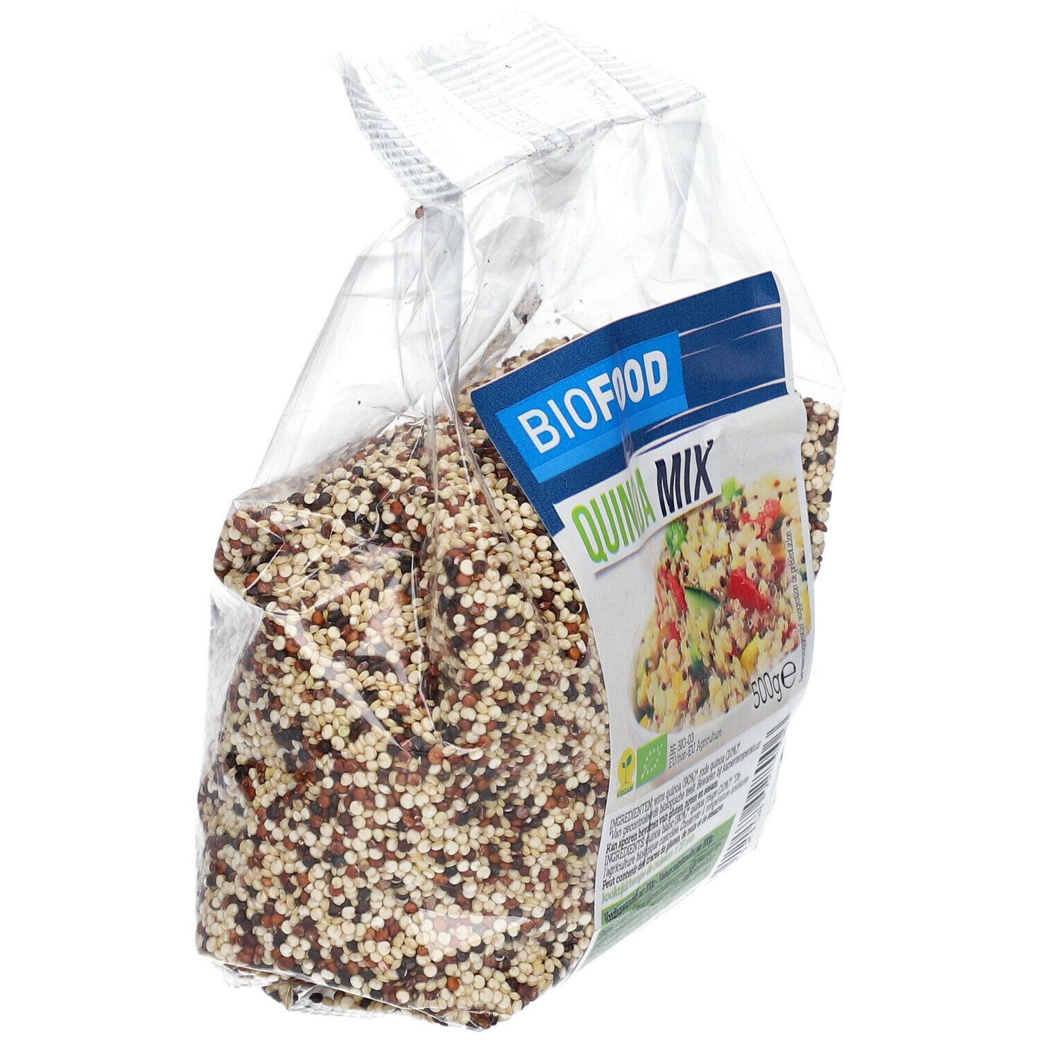 Biofood Quinoa-mix BIO in transparante verpakking. Bedrukking met productnaam en logo. Inhoud zichtbaar.